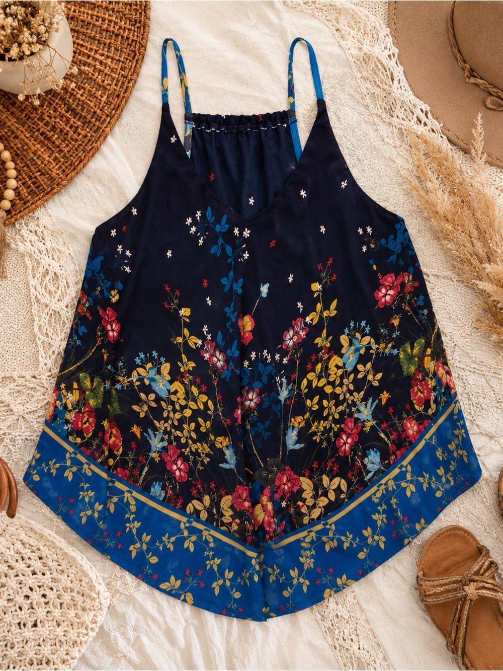 Heart Soul Navy Floral Boho Tank Top Size Large
